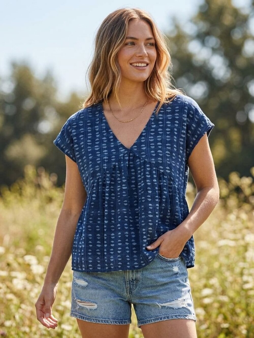 Madewell Shirred Top in Indigo Blockprint - Medium EUC